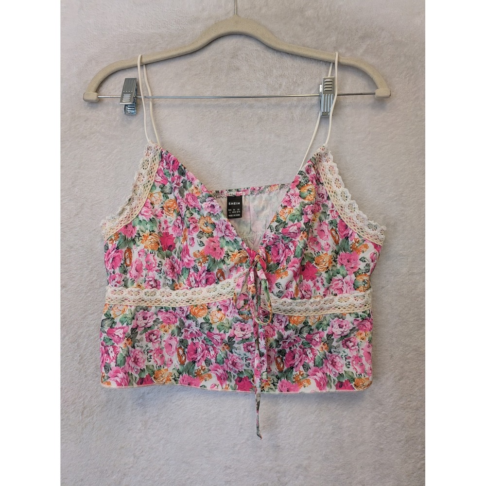 SHEIN Cami Top Women's Large Pink Floral Lace Trim Tie Front Boho Crop